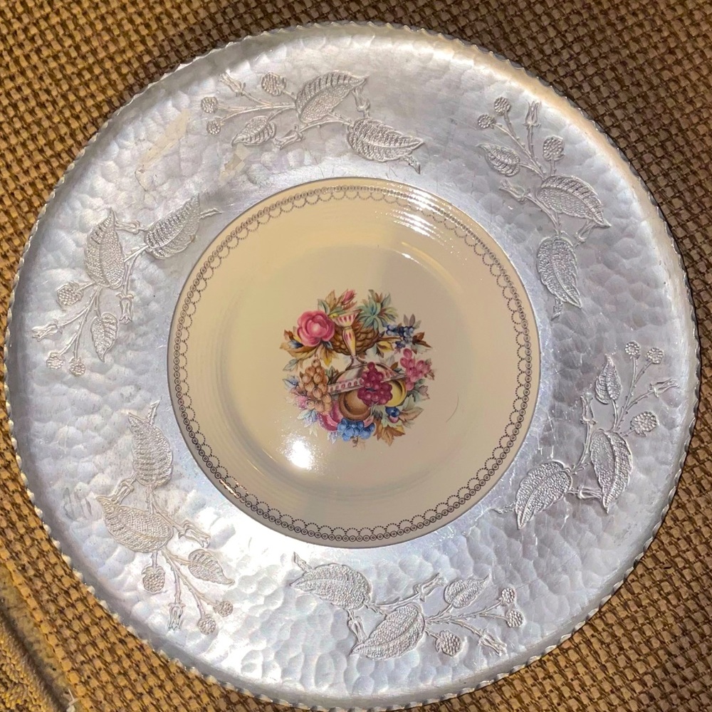 White Gold-22K Limoges porcelain plate framed Farberware wrought tin plate